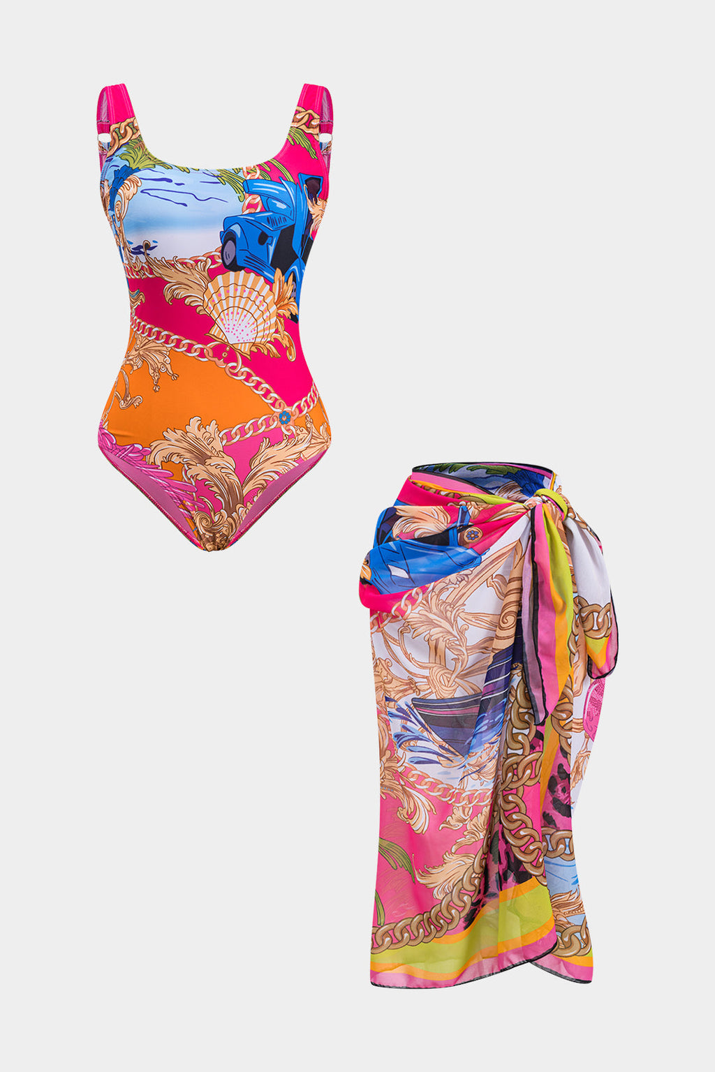 Tropikal Karın Kontrolü Mayo ve Mayo Eteği Pareo Takım