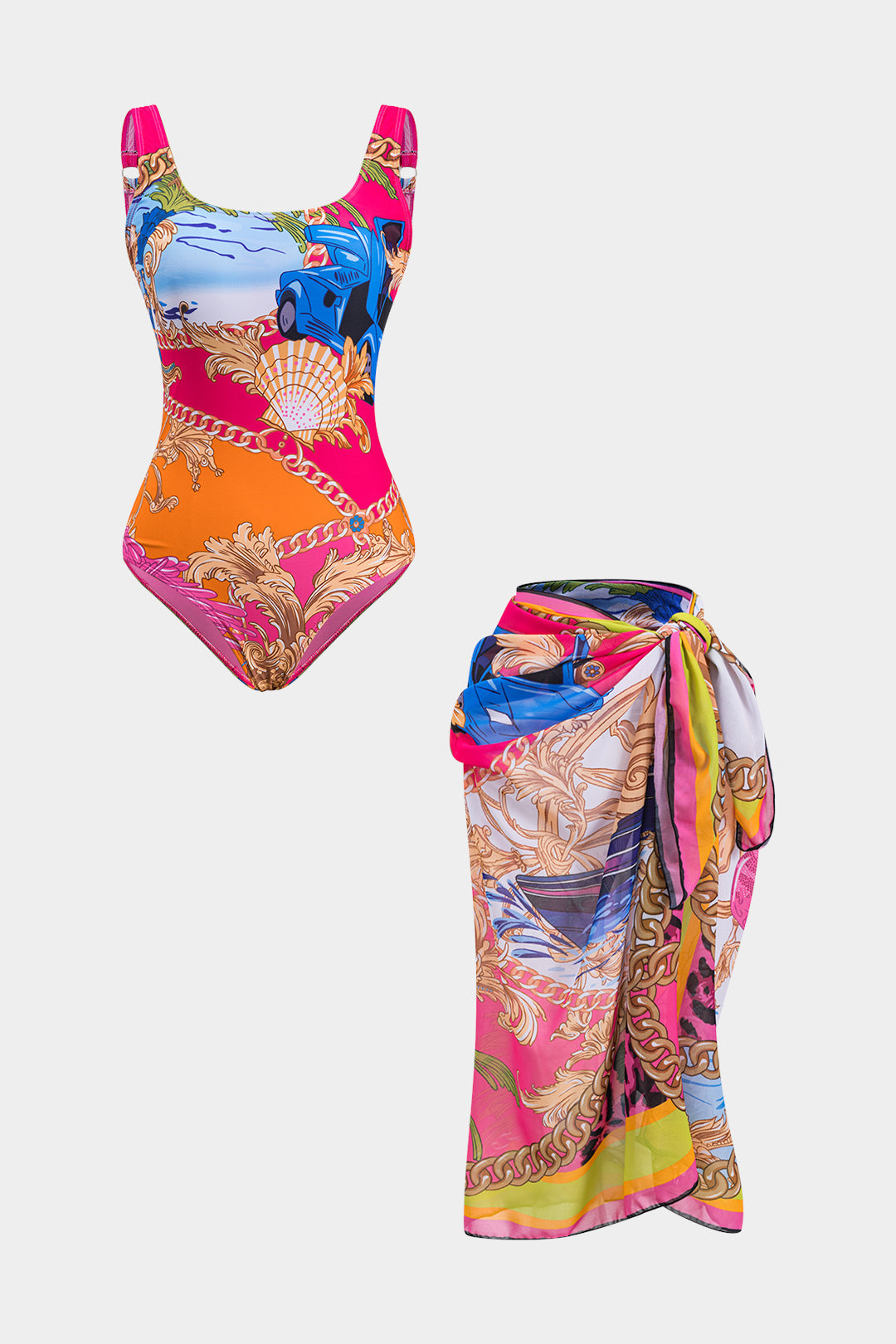 Tropikal Karın Kontrolü Mayo ve Mayo Eteği Pareo Takım