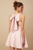 Marlene pembe halter yaka pileli mini elbise