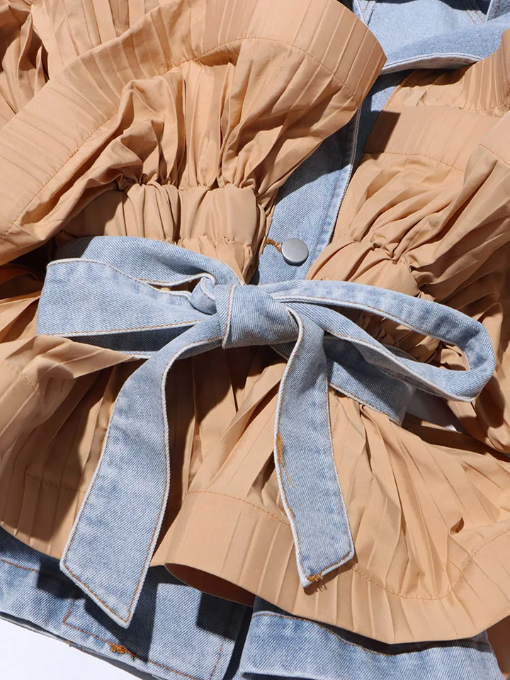 Pileli Volanlı Denim Uzun Kollu bağcıklı Ceket