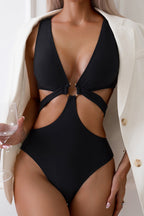 Kesik Detaylı V Yaka Tek Parça Mayo