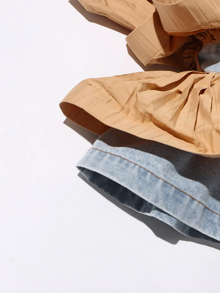 Pileli Volanlı Denim Uzun Kollu bağcıklı Ceket