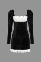 Kontrast Kadife Düğmeli Asimetrik Mini Elbise