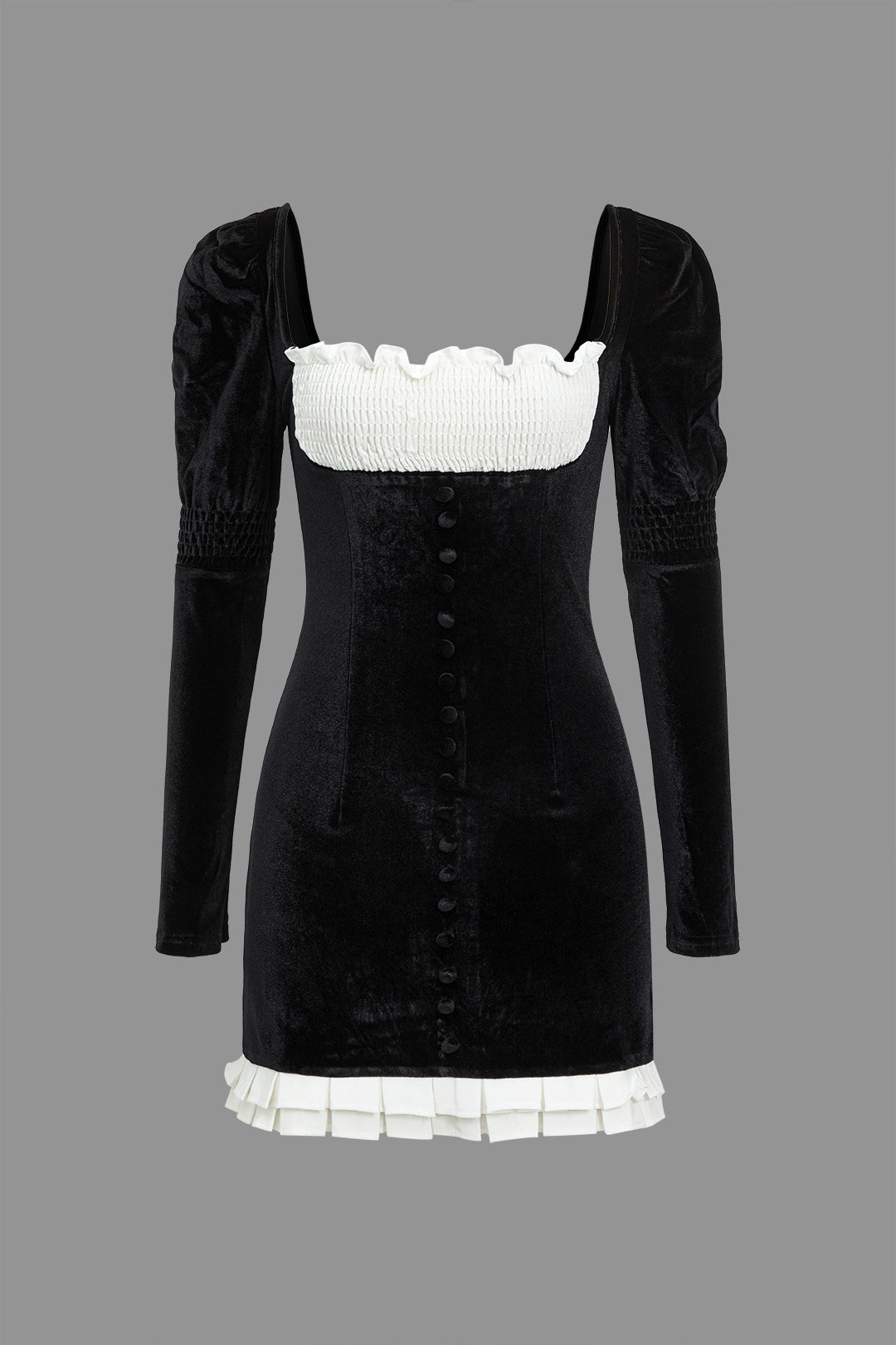 Kontrast Kadife Düğmeli Asimetrik Mini Elbise