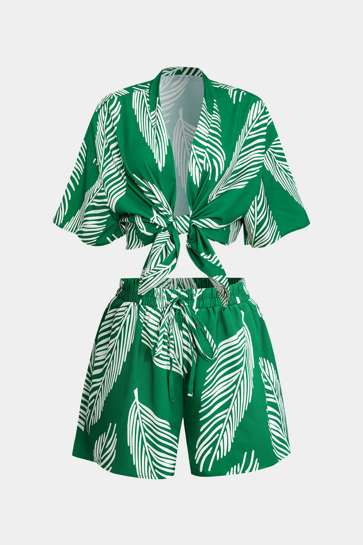 Yaprak Desenli Büzgülü Şort Takımı