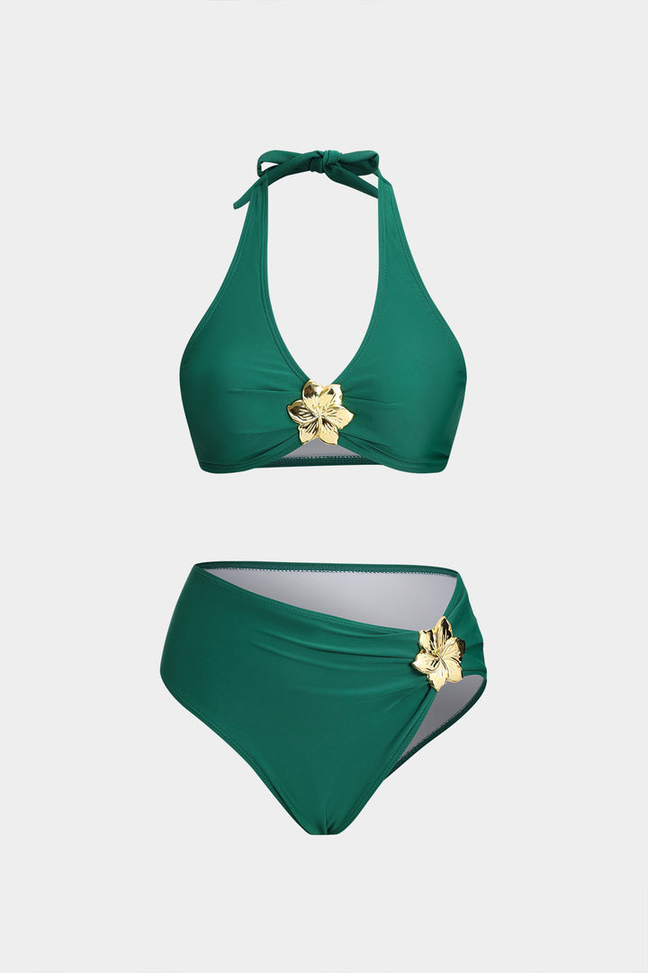 Metalik Dekorlu Büzgülü Bağlamalı Sırt Dekolteli Bikini Takımı