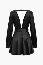 Saten Sırtı Açık Kuşaklı V Yaka Mini Elbise