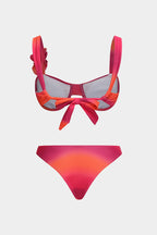 Ombre Desenli 3D Çiçek İnci Detaylı Büzgülü Bağlamalı Bikini Takımı