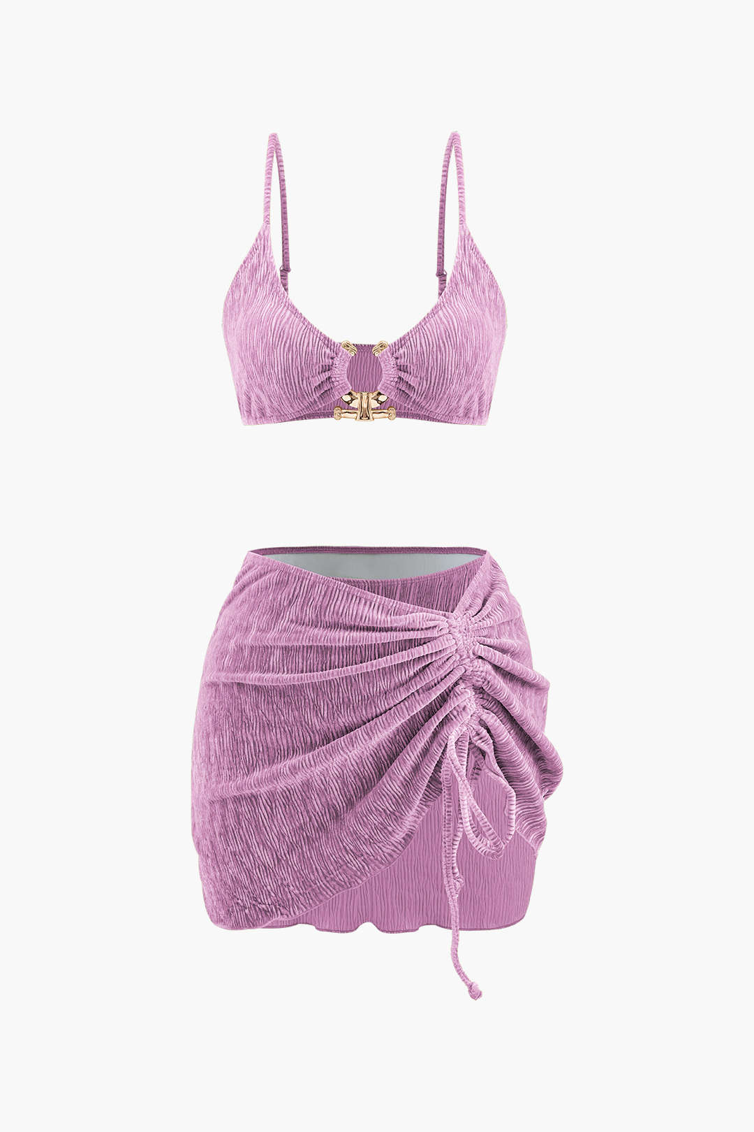 Kadife Dokulu U Yüzük Bikini ve Mayo Eteği Pareo 3 Parça Takım