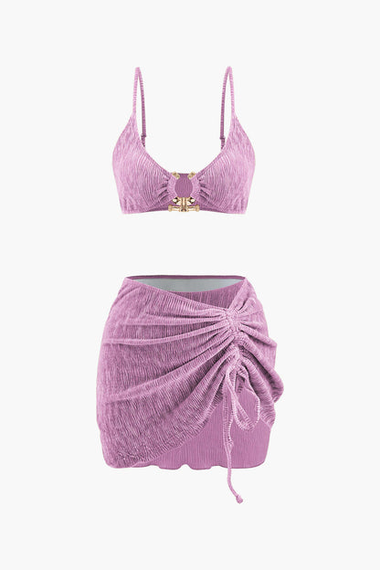 Kadife Dokulu U Yüzük Bikini ve Mayo Eteği Pareo 3 Parça Takım