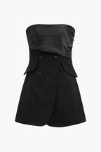 Saten Düğmeli Cep Detaylı Straplez Mini Elbise