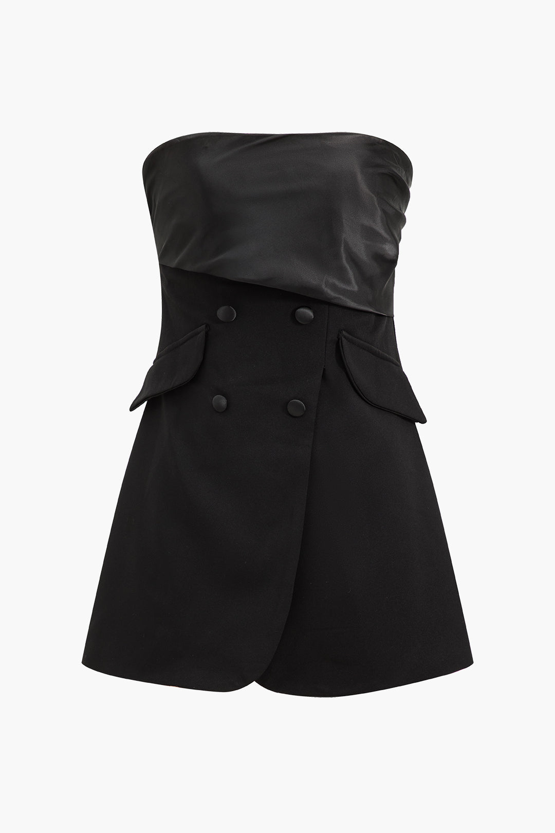 Saten Düğmeli Cep Detaylı Straplez Mini Elbise