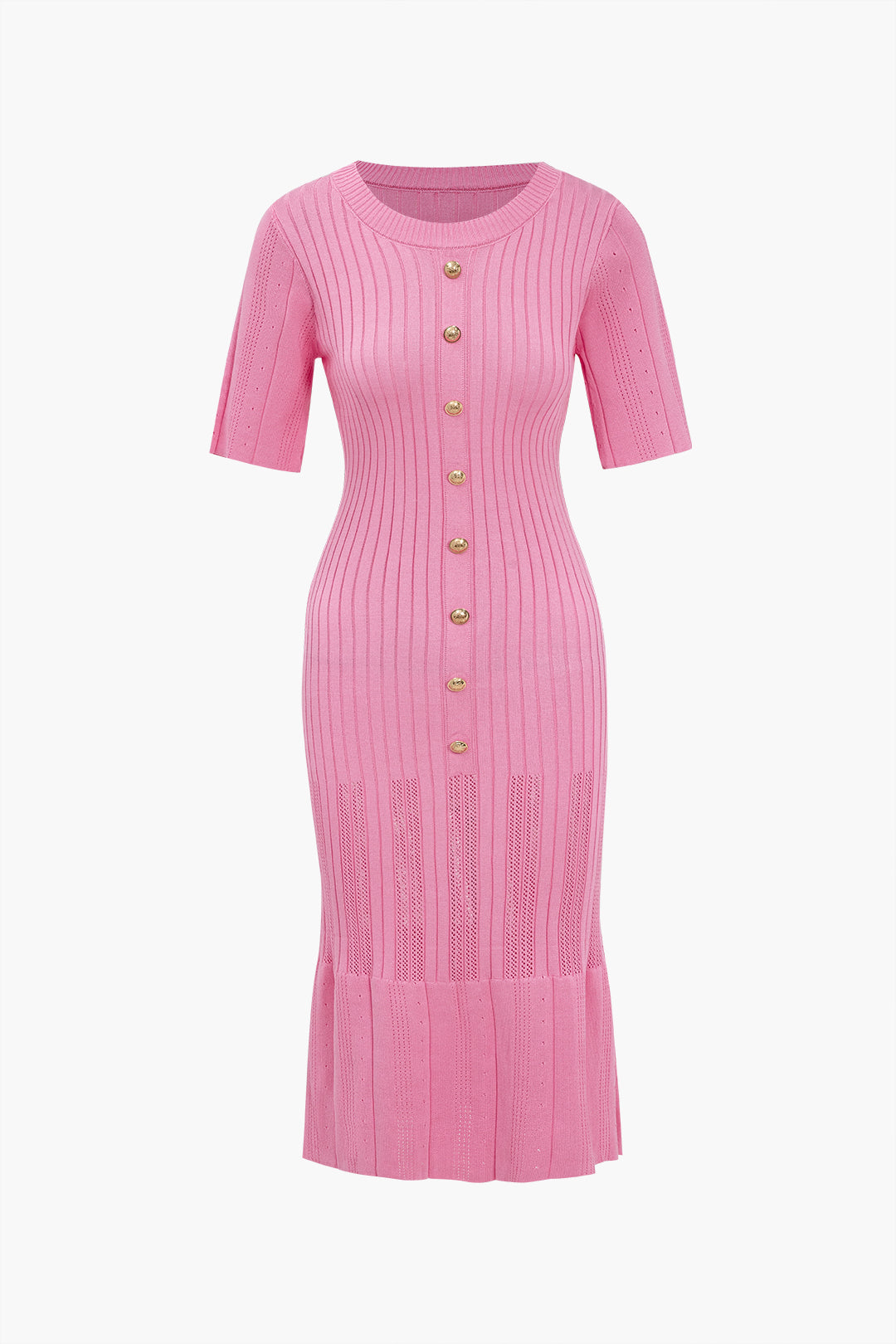 Katı Örgü Düğmeli Yuvarlak Yaka Kısa Kollu maksi Elbise