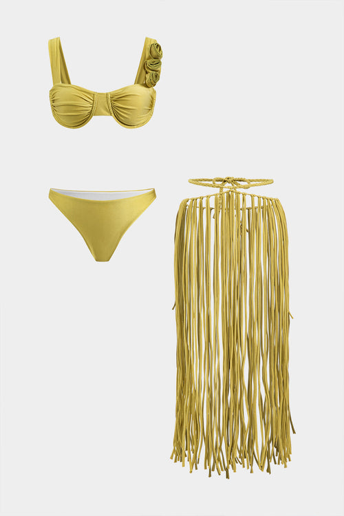 3D Çiçek Büzgülü Bikini ve Mayo Eteği Pareo 3 Parça Takım