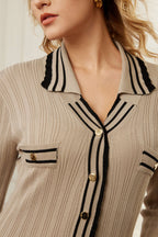 Renk Bloklu Desenli Örgü Düğmeli Metalik Cepli maksi Elbise