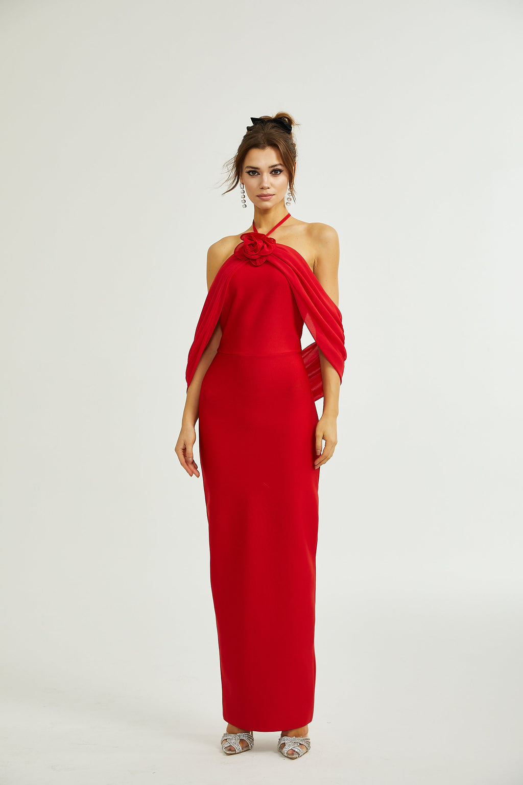 Rozet çiçek maksi elbise