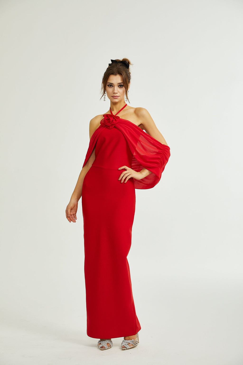 Rozet çiçek maksi elbise