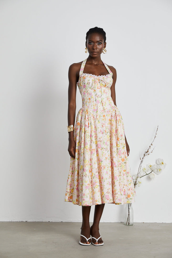 Odette desenli midi elbise