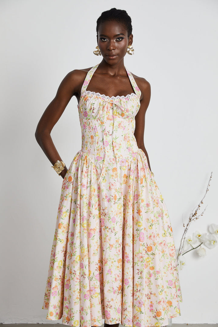 Odette desenli midi elbise
