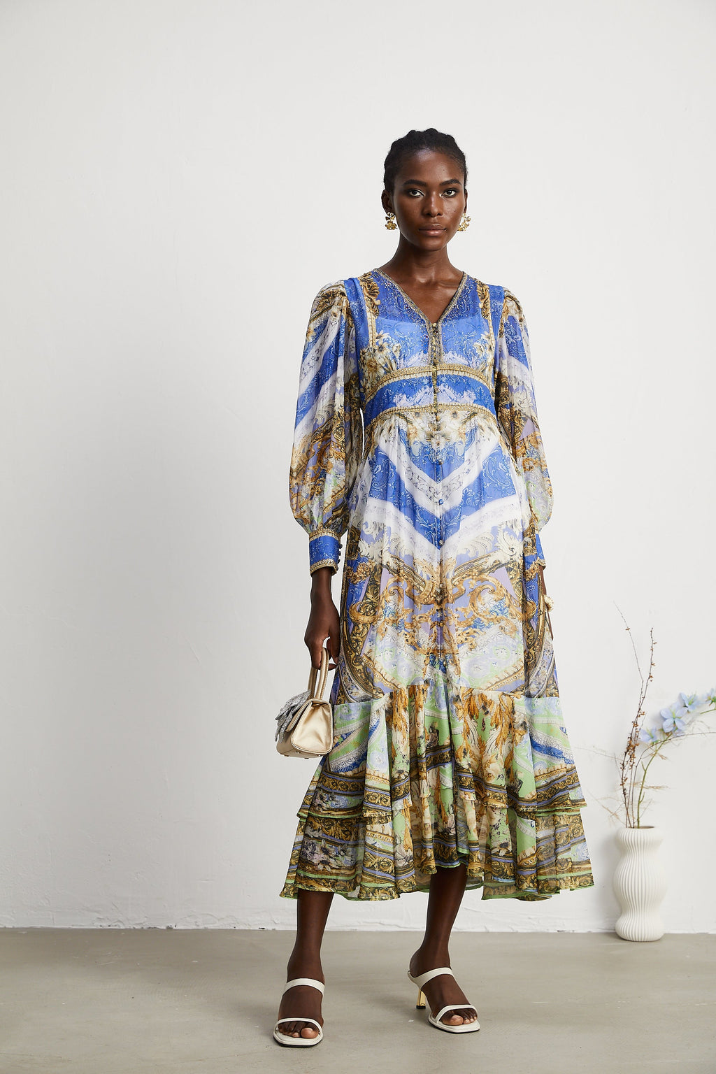 Hélène desenli midi elbise