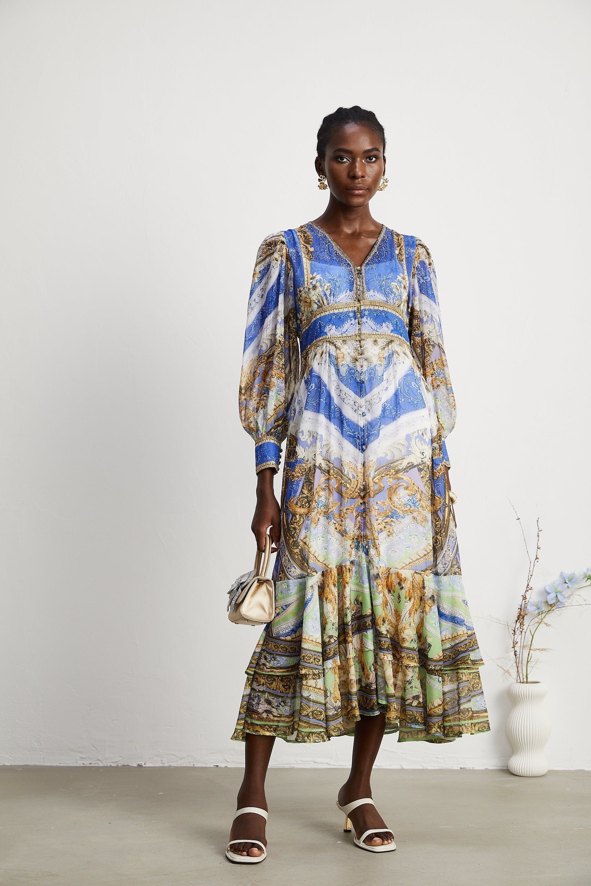 Hélène desenli midi elbise