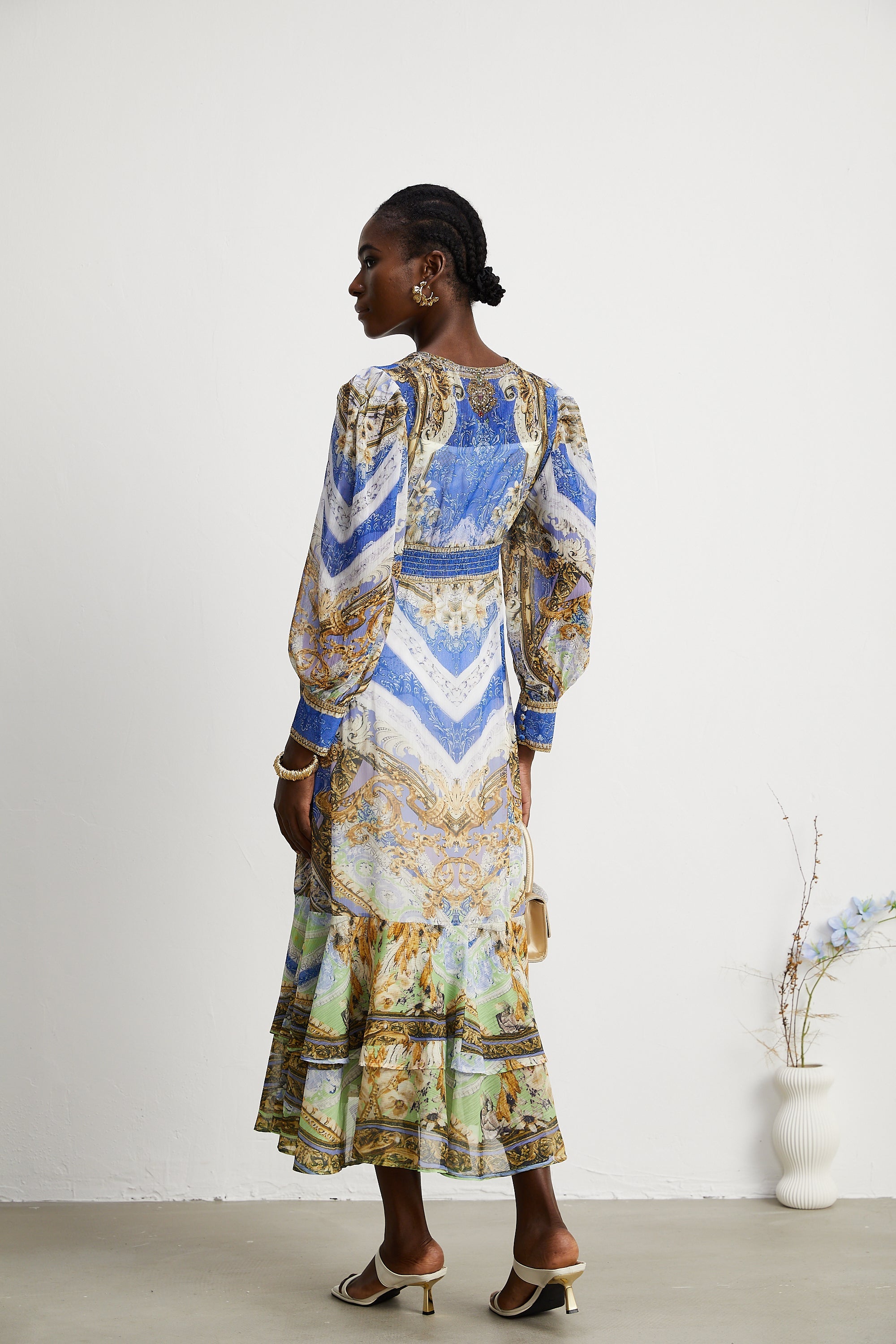 Hélène desenli midi elbise