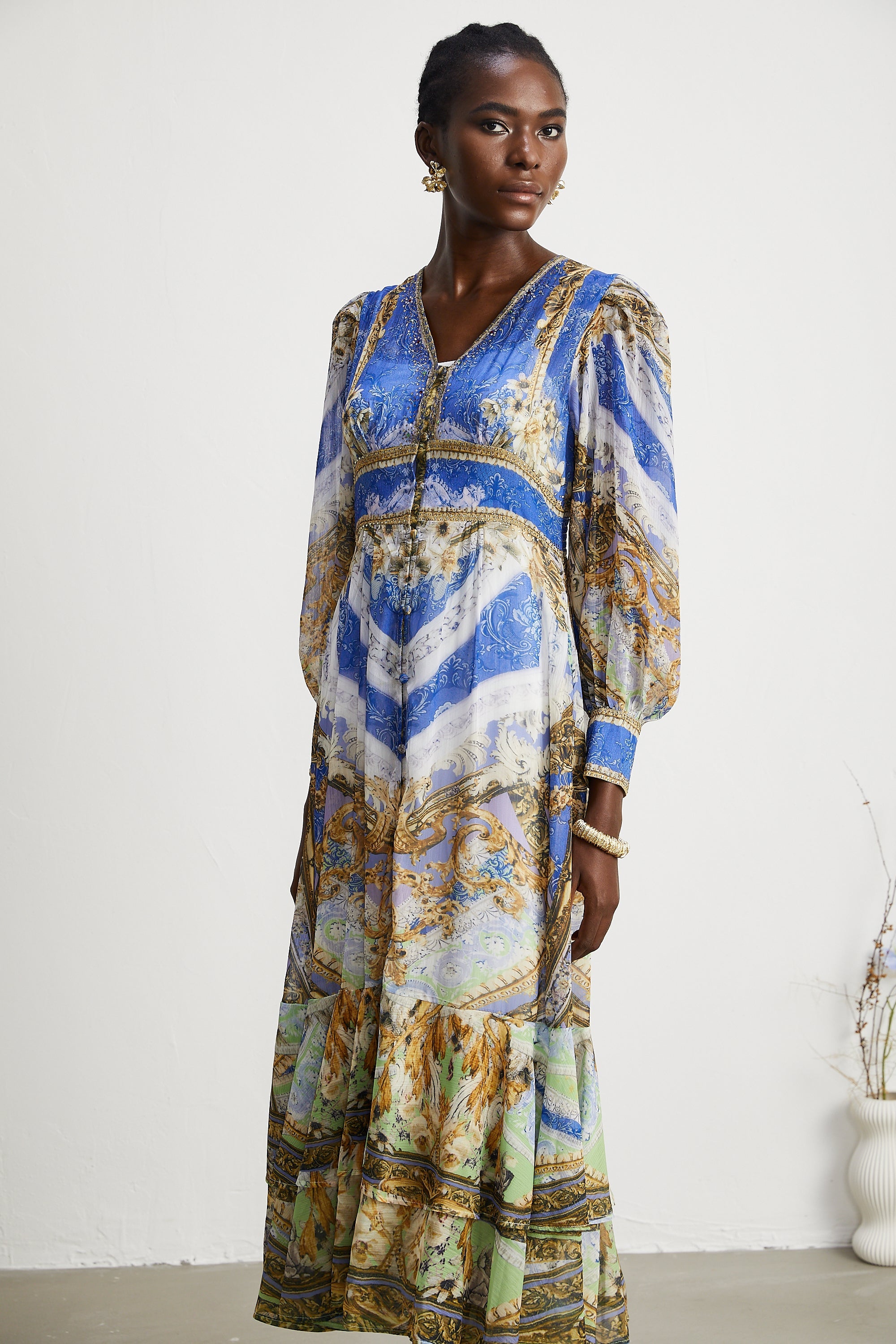 Hélène desenli midi elbise