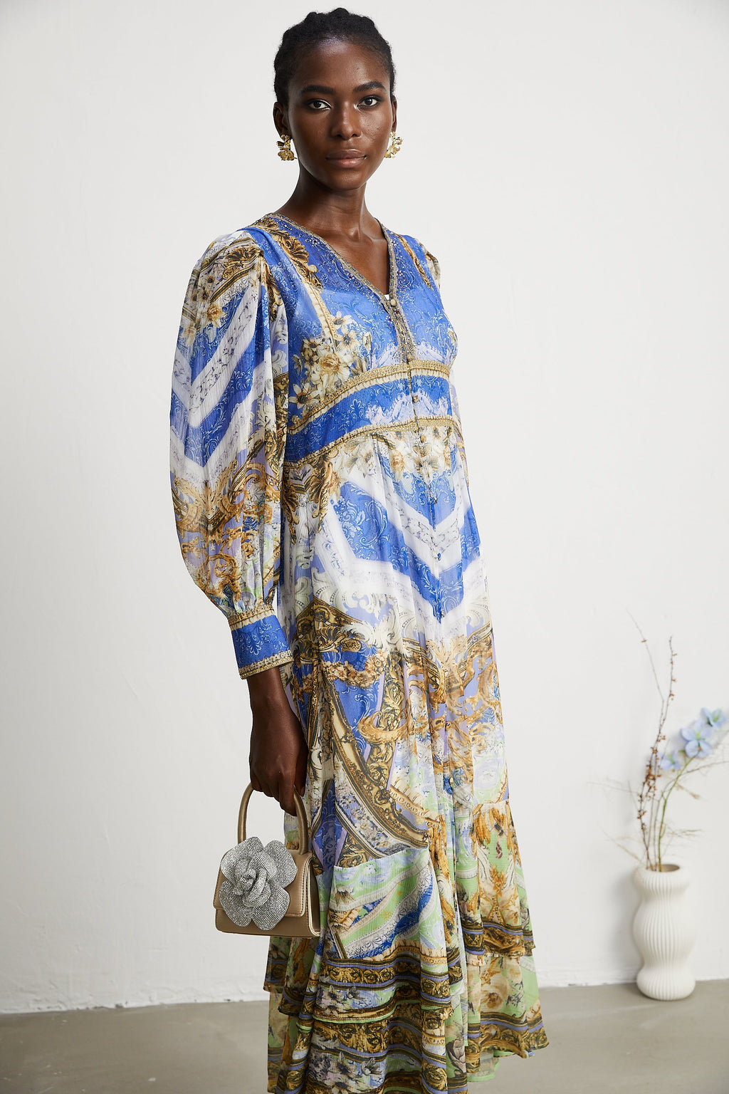 Hélène desenli midi elbise