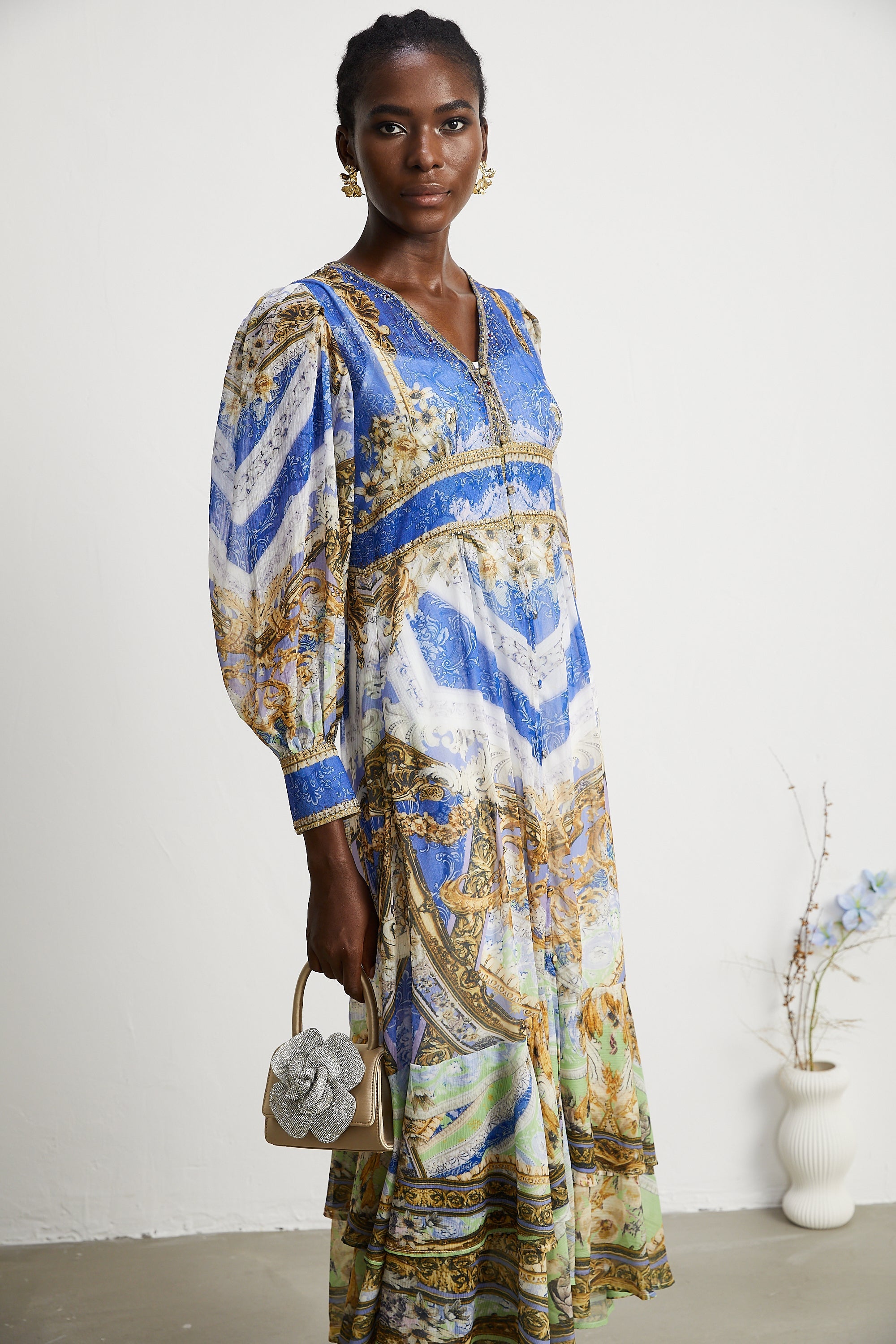 Hélène desenli midi elbise