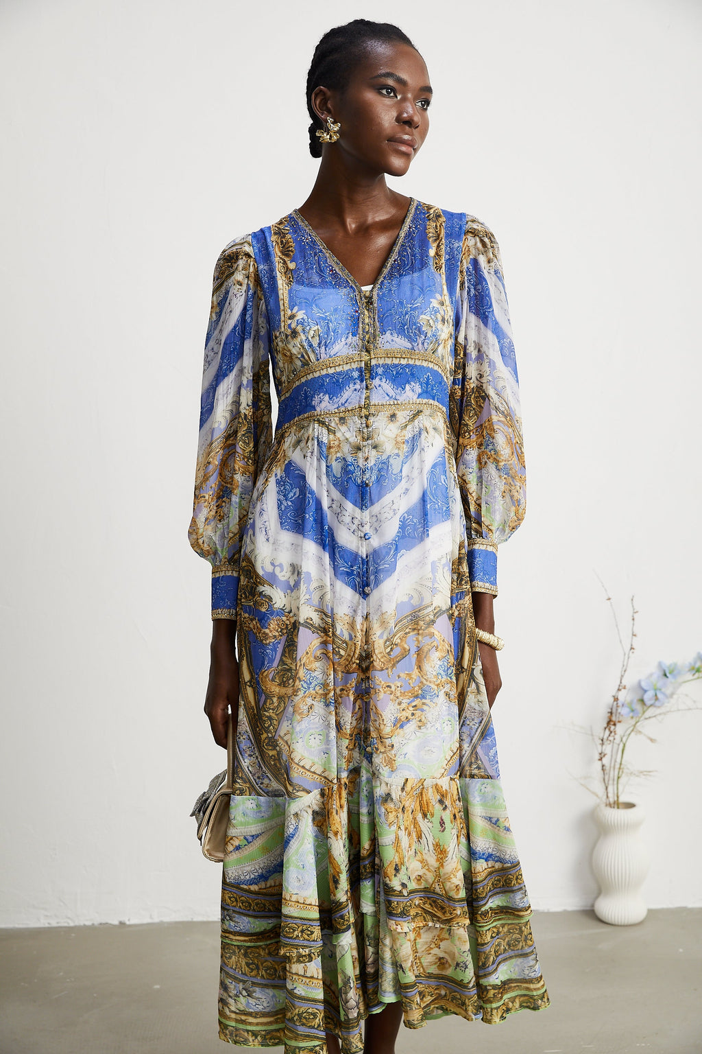 Hélène desenli midi elbise