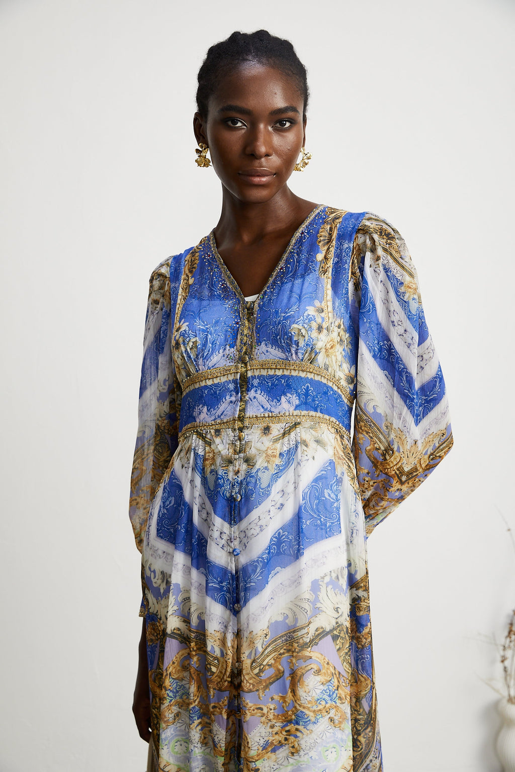 Hélène desenli midi elbise