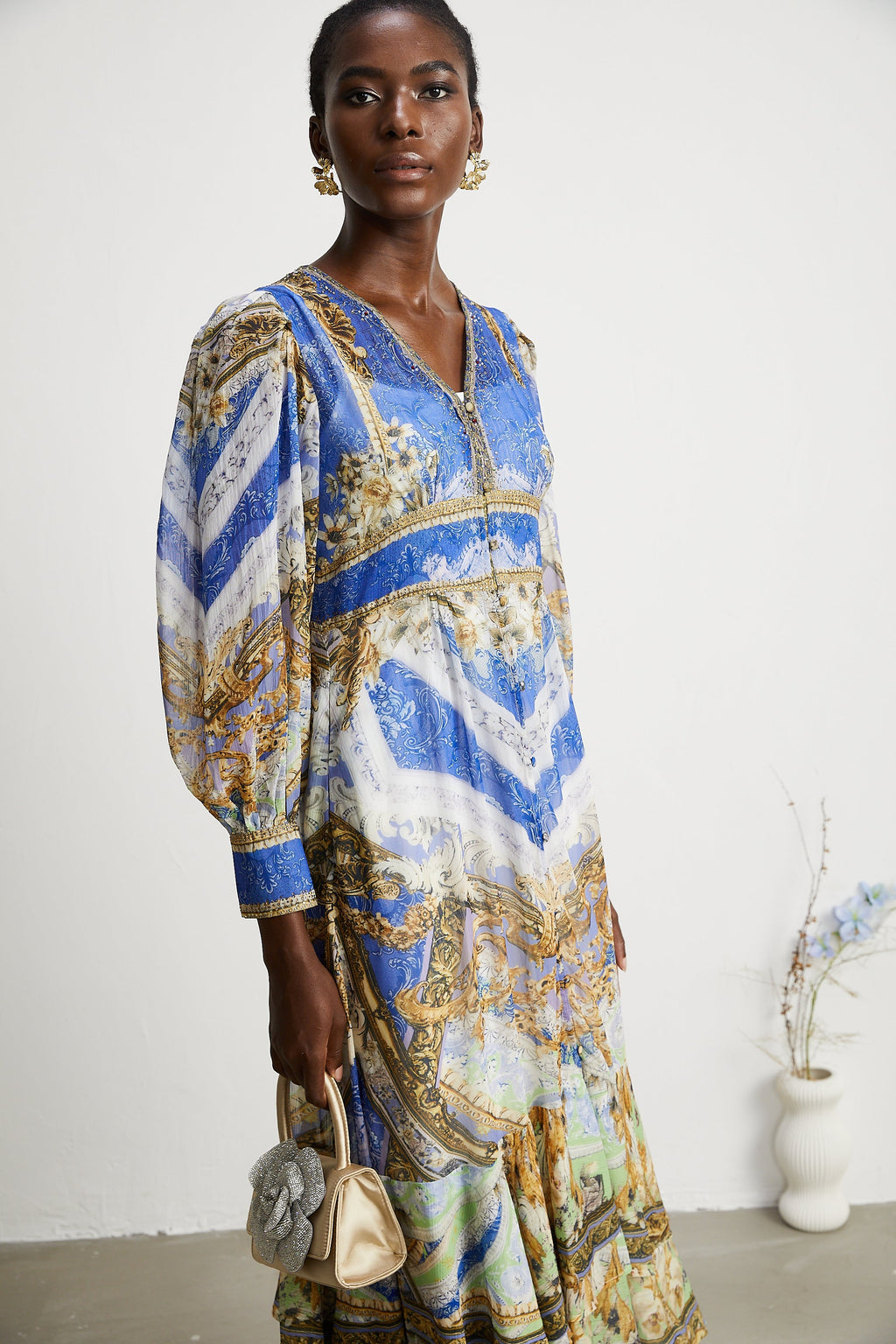 Hélène desenli midi elbise