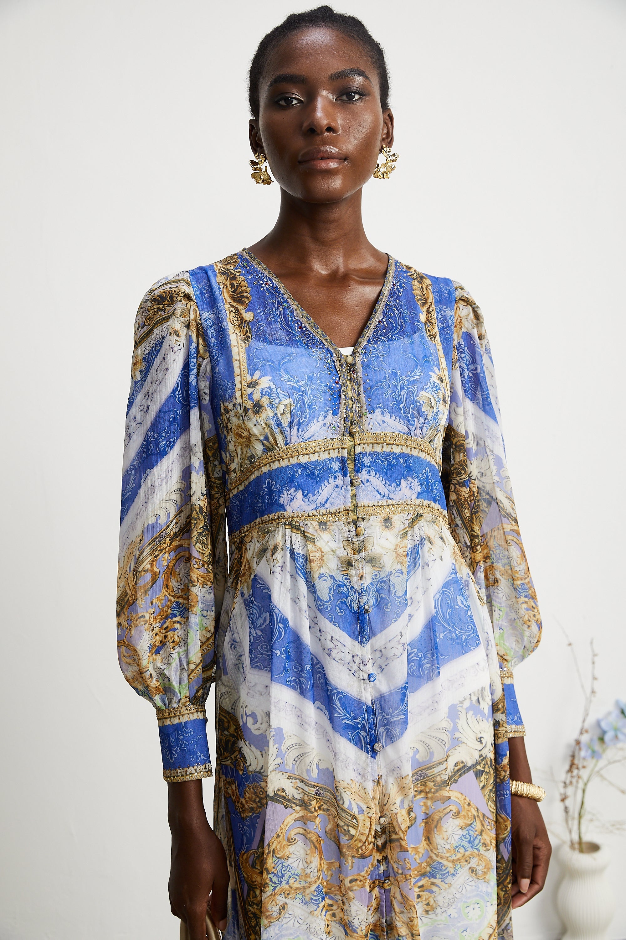 Hélène desenli midi elbise