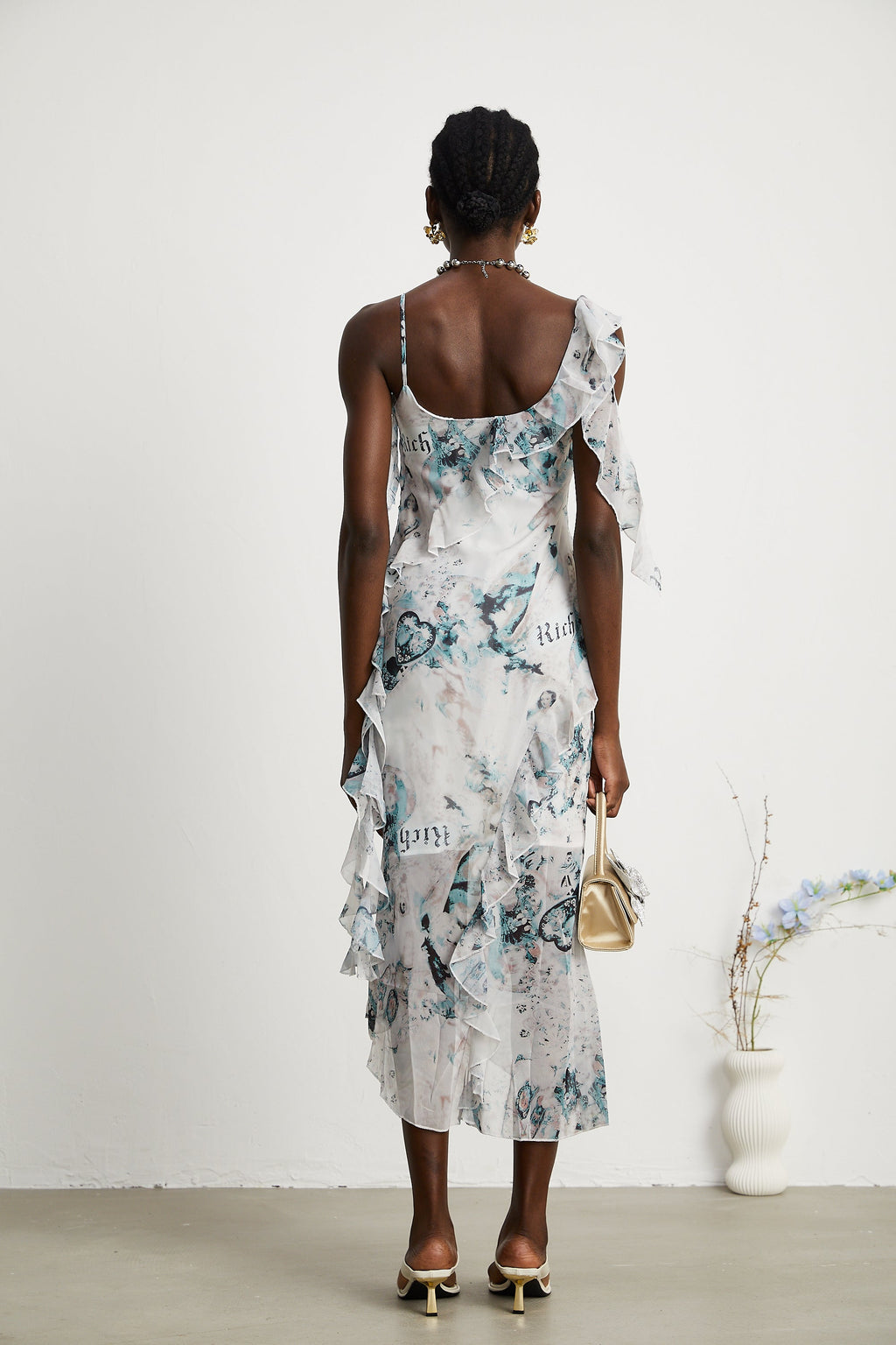 Roberta fırfırlı midi elbise