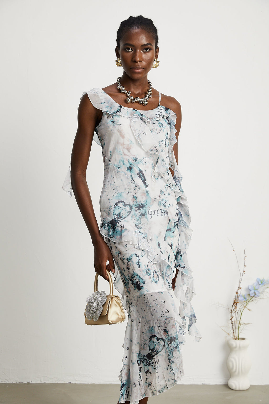 Roberta fırfırlı midi elbise