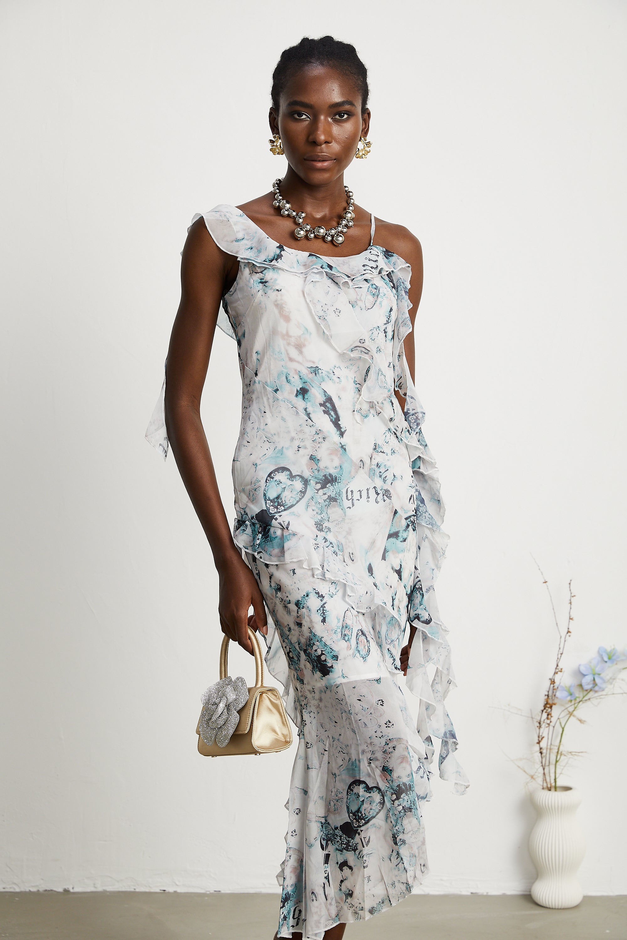 Roberta fırfırlı midi elbise