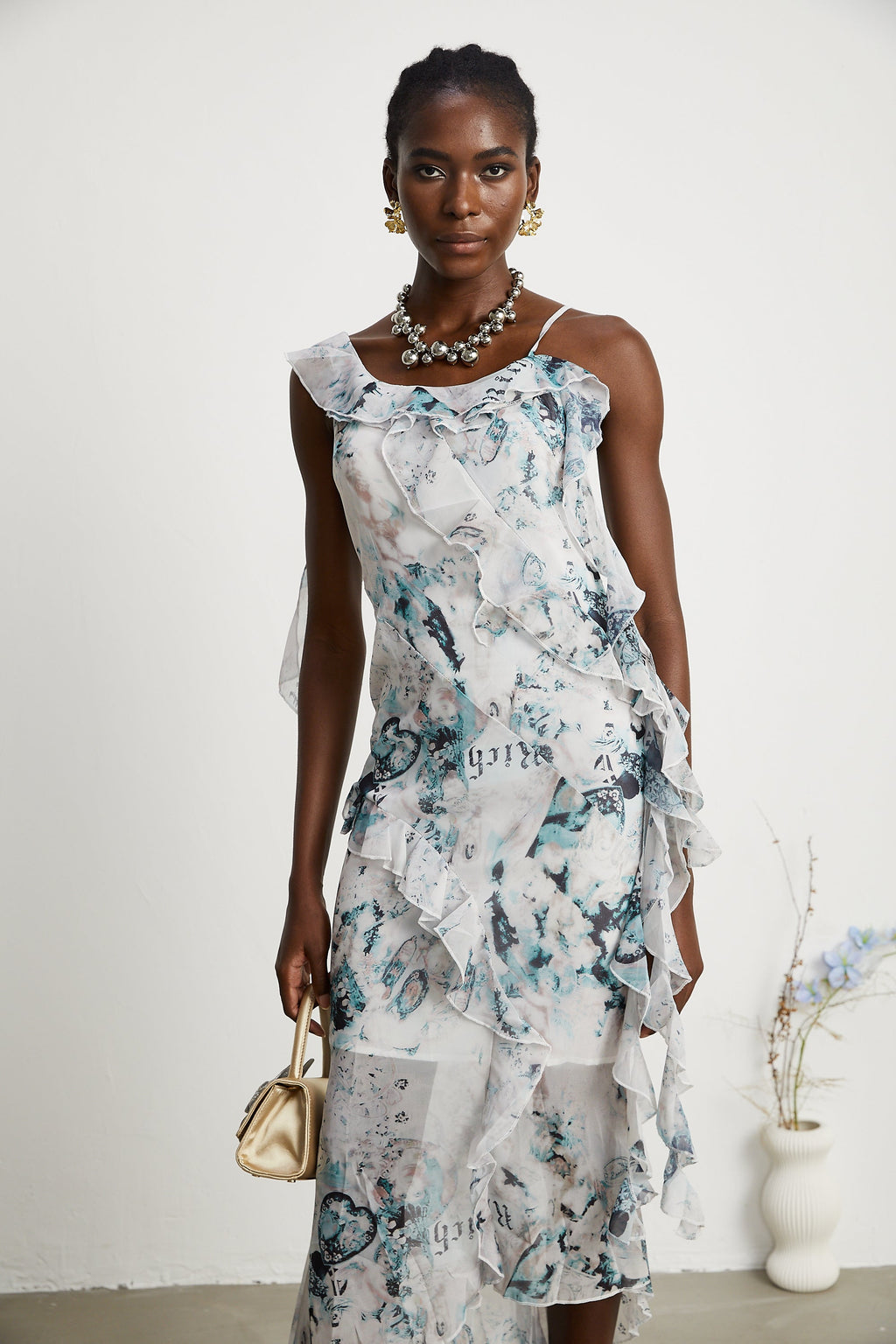 Roberta fırfırlı midi elbise