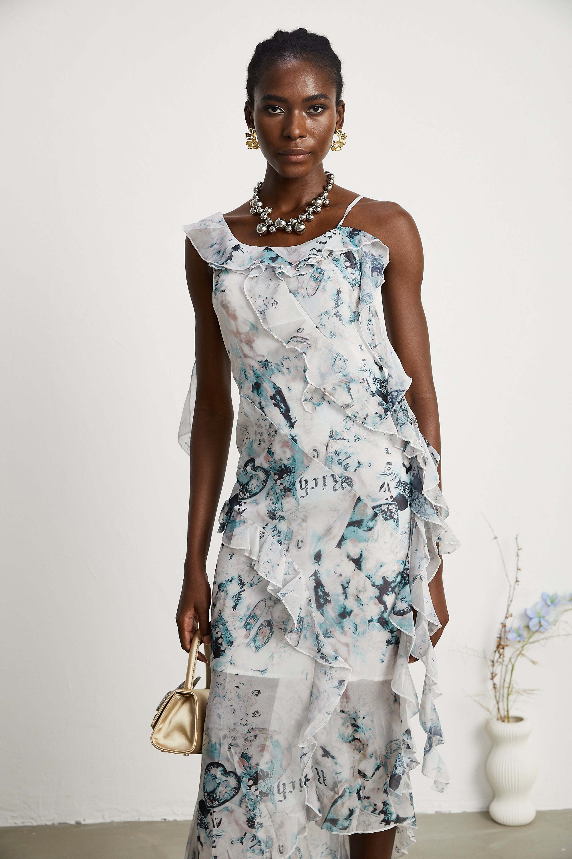 Roberta fırfırlı midi elbise