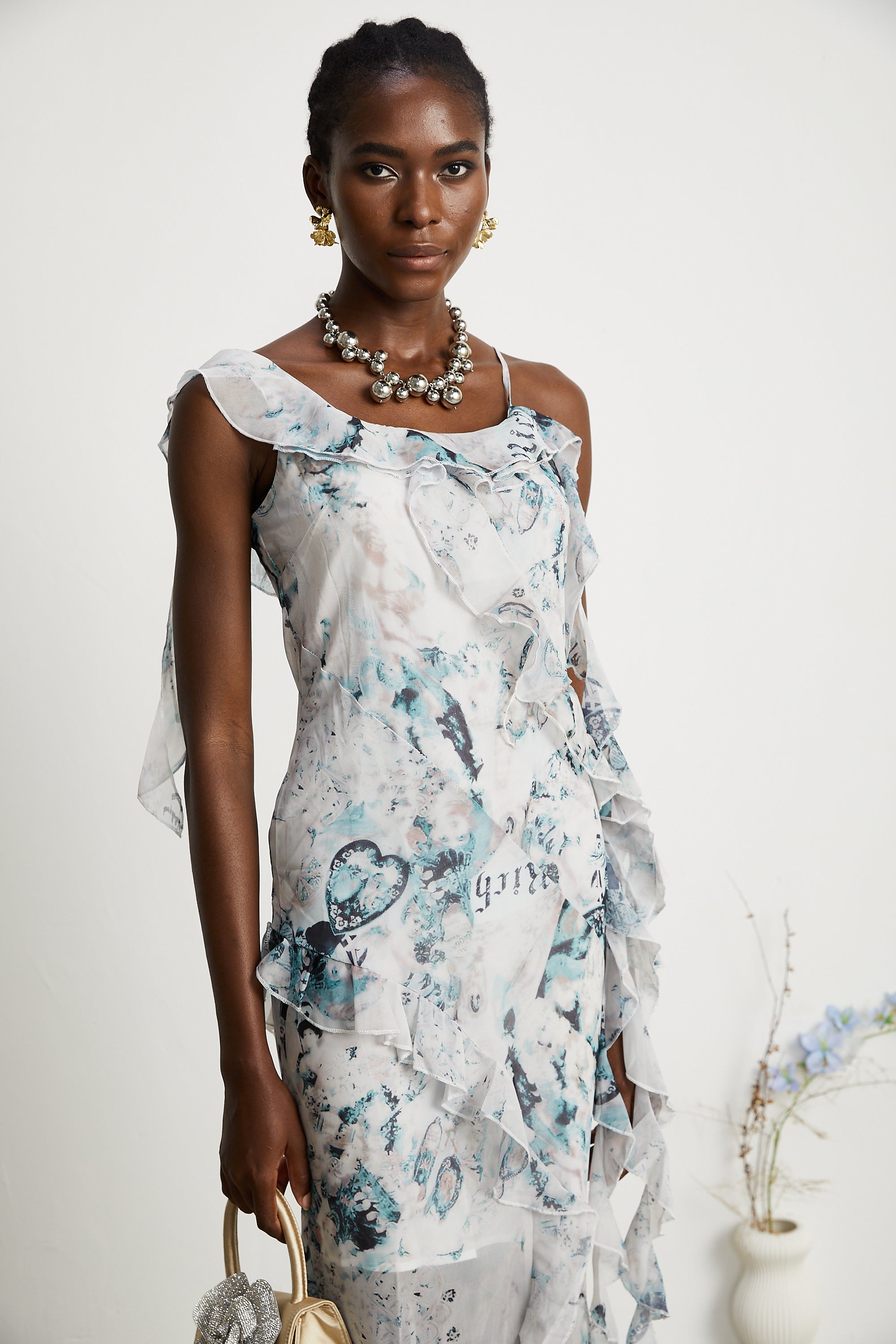 Roberta fırfırlı midi elbise