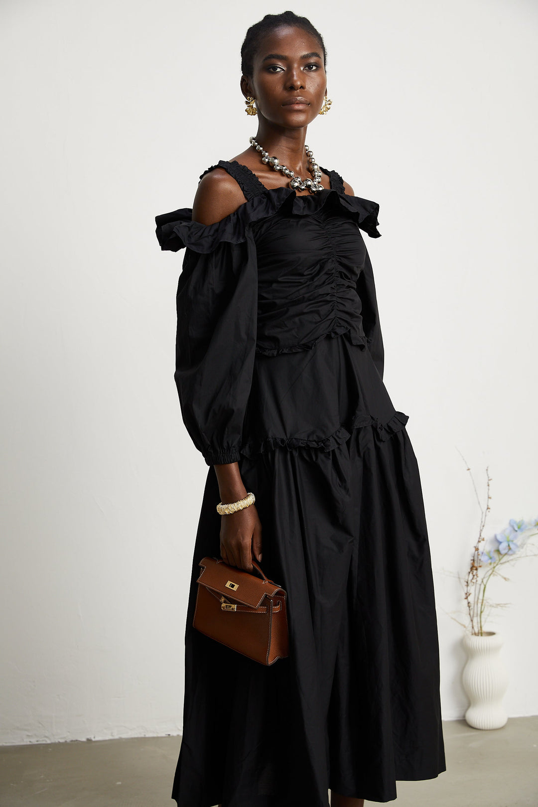 Renée pileli midi elbise