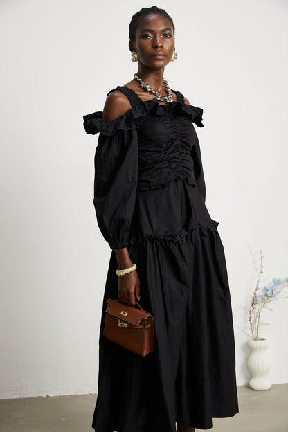 Renée pileli midi elbise