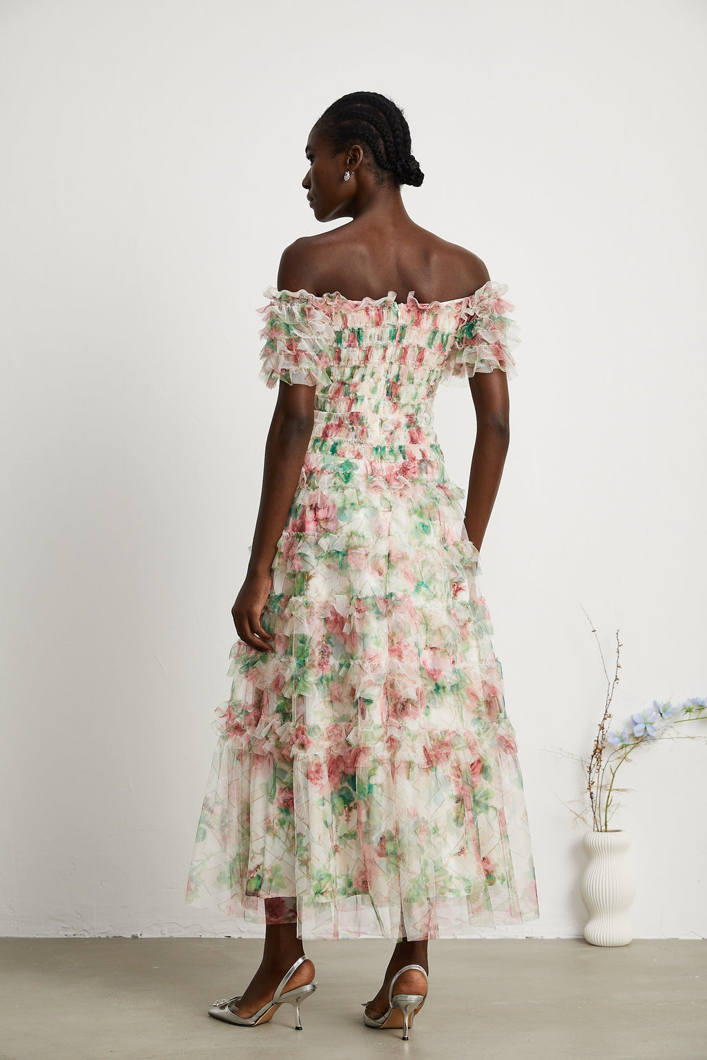 Suzette çiçek desenli midi elbise