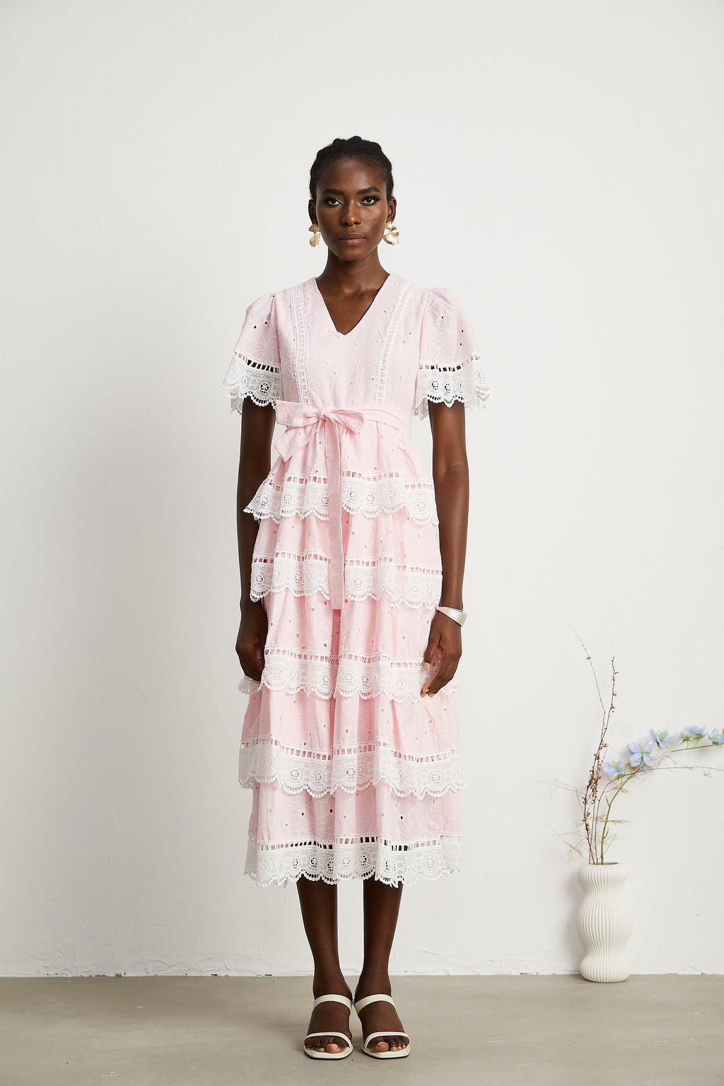 Valérie dantel fiyonklu midi elbise