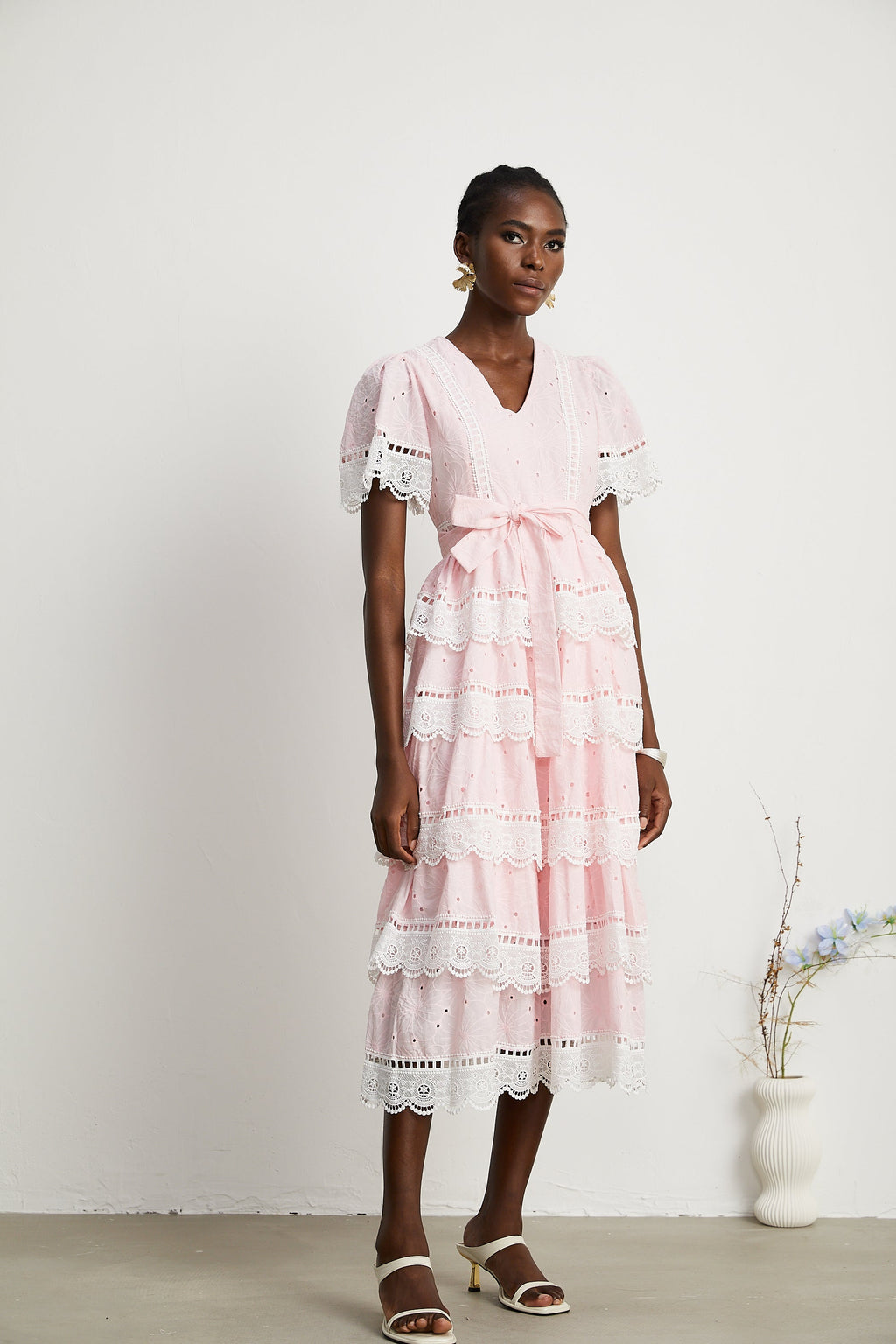 Valérie dantel fiyonklu midi elbise