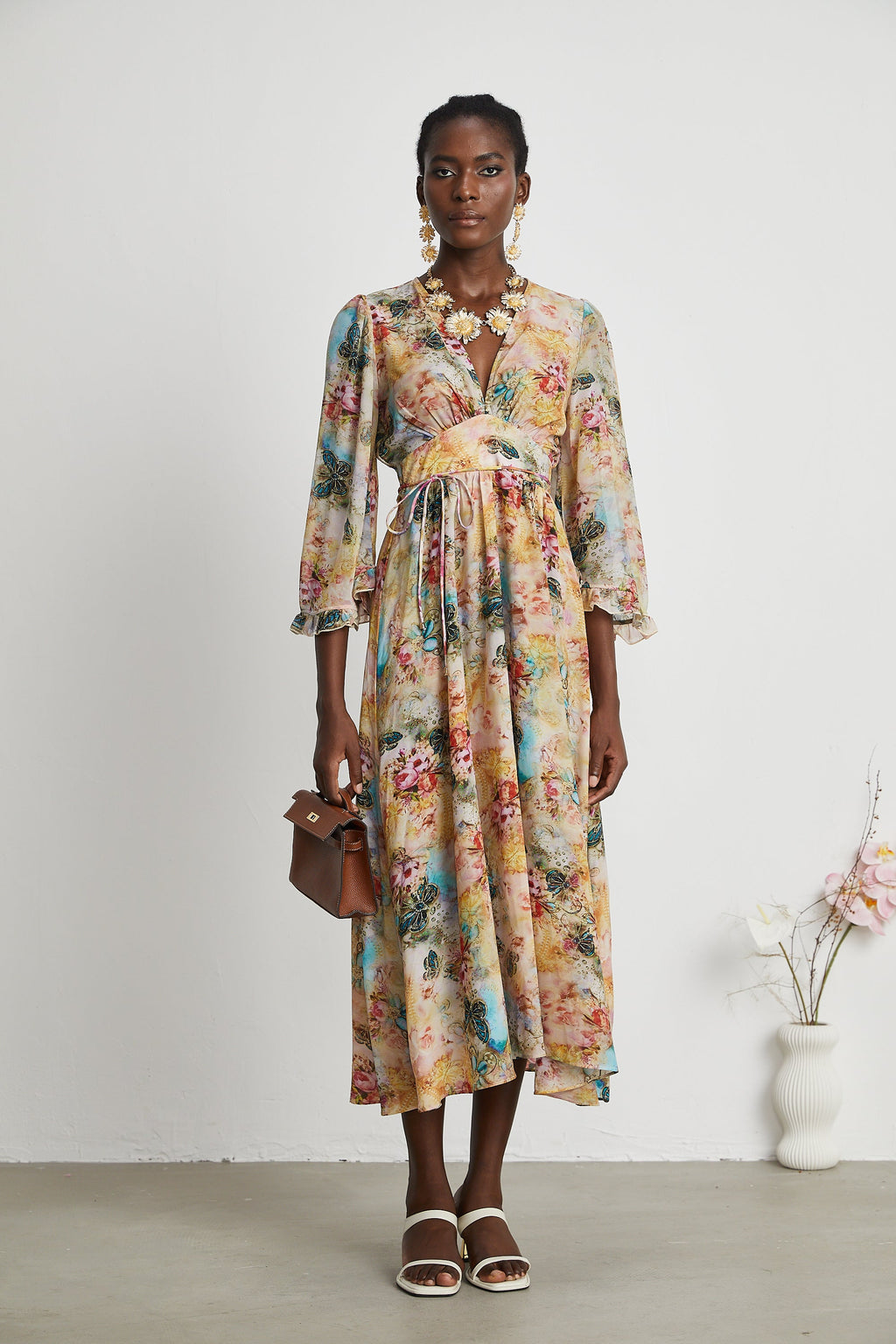 Désirée yüksek bel midi elbise