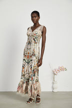 Süslü Çiçek Desenli Maksi Elbise