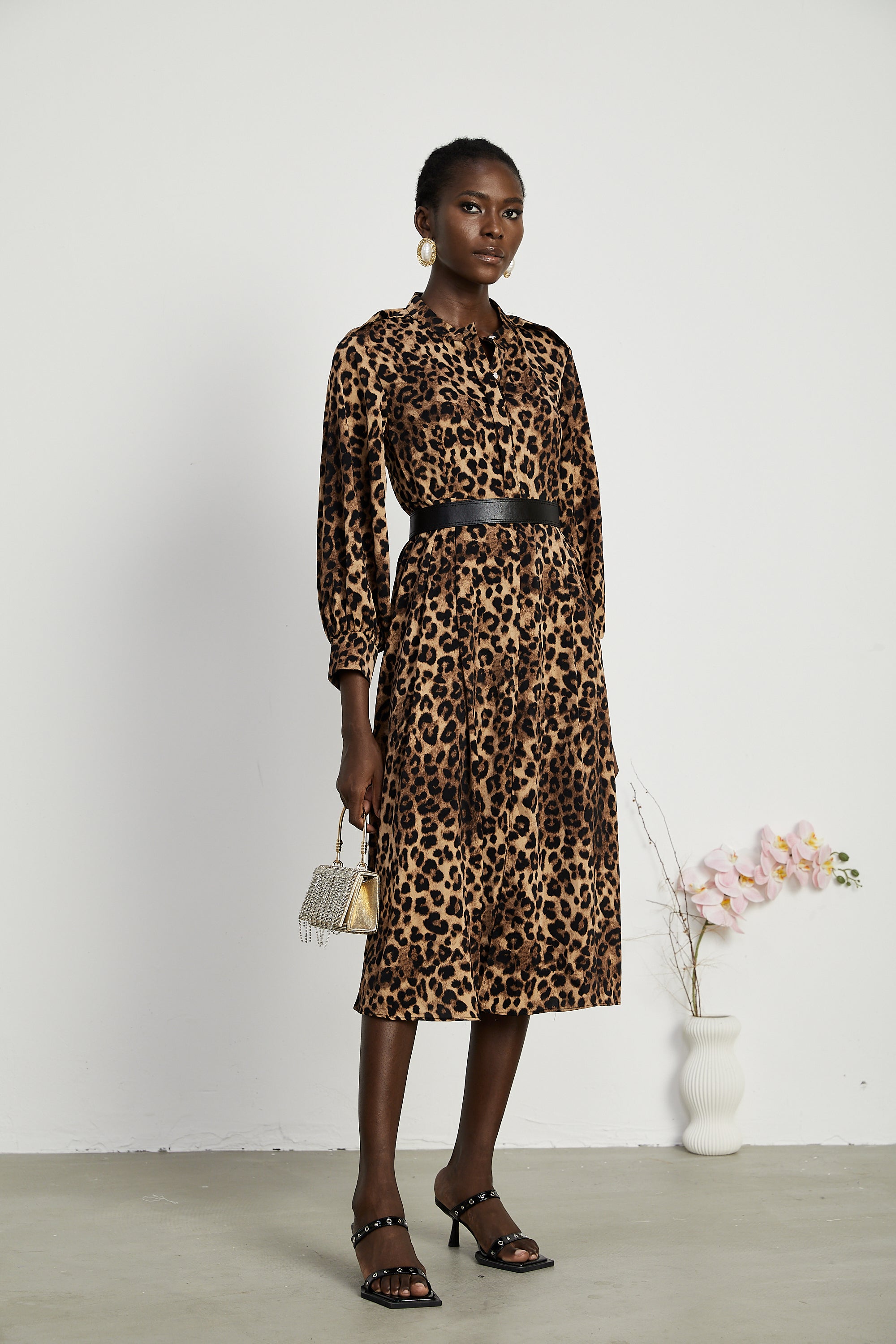 Geneviève leopar midi elbise