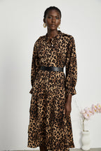 Geneviève leopar midi elbise
