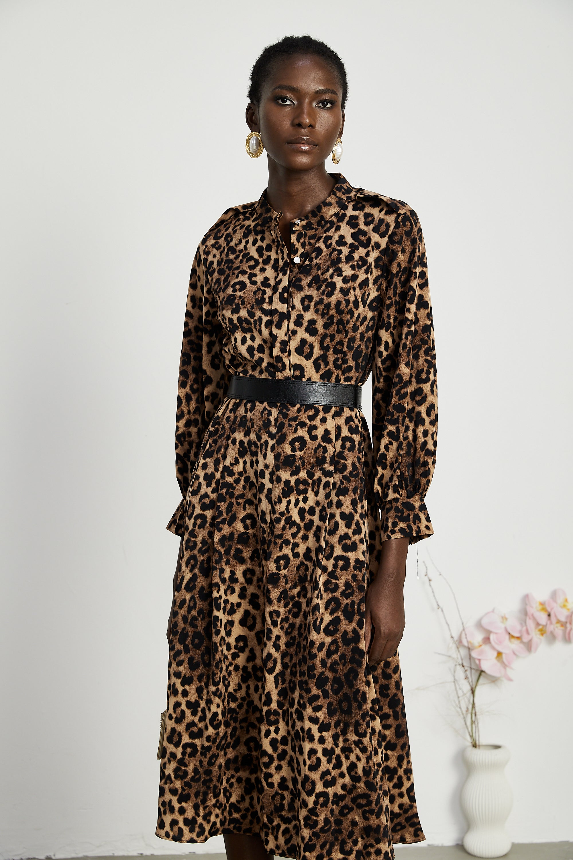 Geneviève leopar midi elbise