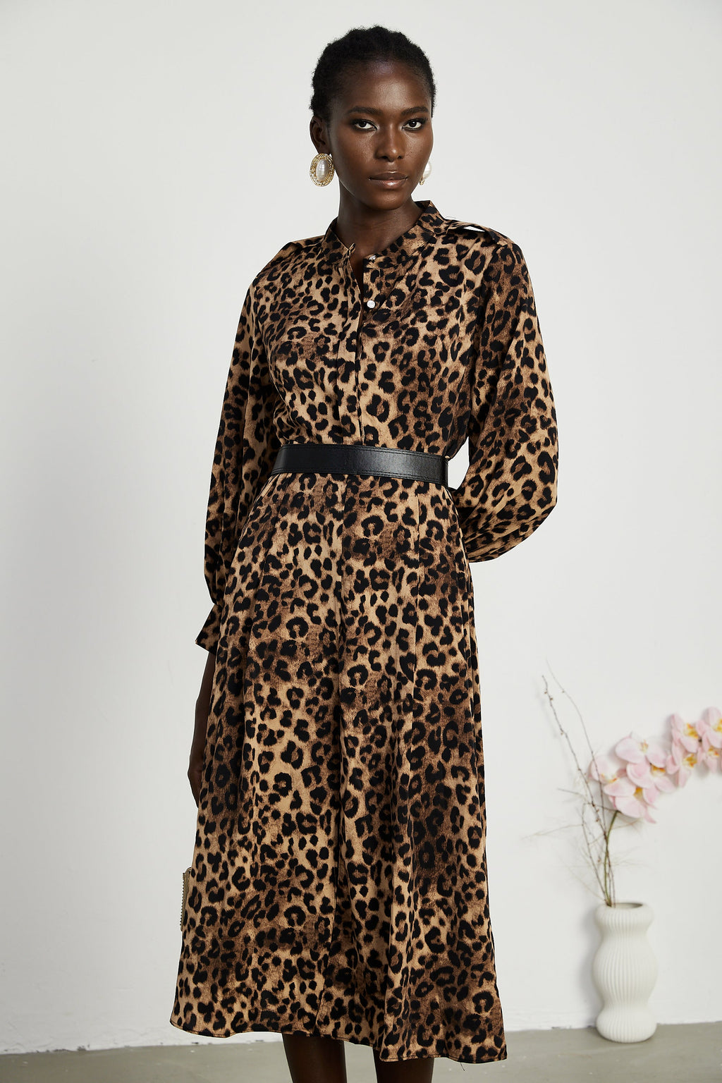 Geneviève leopar midi elbise